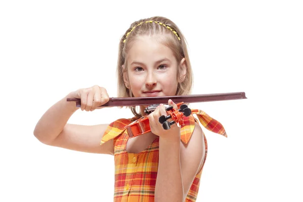 Portrait of a Little Girl Playing Toy Violin — Stock Photo, Image