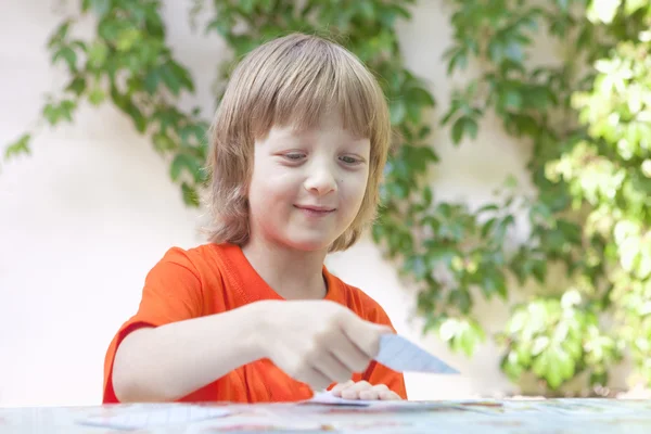 Boy with Blond Hair Playing Cards — Stock Photo, Image