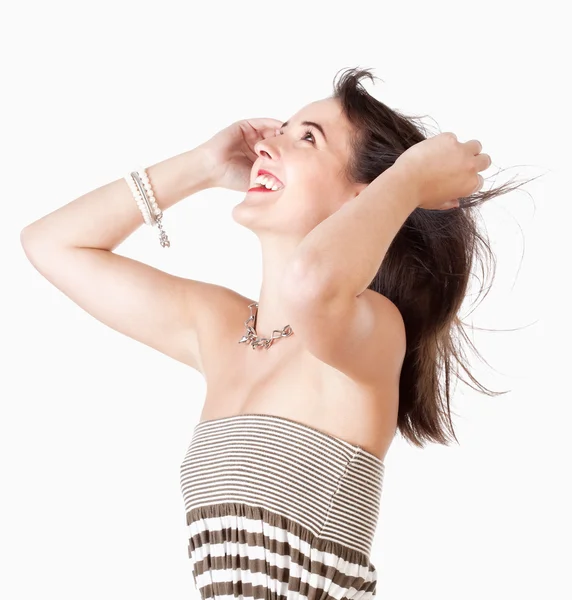 Retrato de uma jovem mulher com cabelo castanho Sorrindo — Fotografia de Stock