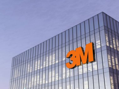 Saint Paul, MN, ABD. 17 Ekim 2021. Sadece Editoryal Kullanım, 3D CGI. Camdan binanın tepesinde 3M İmza Logosu. Sanayi, İşçi Güvenliği, Sağlık Hizmetleri ve Tüketici Malları Bürosu Genel Merkezi.