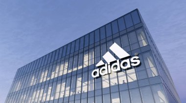 Herzogenaurach, Almanya. 17 Ekim 2021, Sadece Editoryal Kullanım, 3D CGI. Adidas Alman Çokuluslu Spor Giyim Şirketi İmza Logosu Cam Binası. Yüksek binadaki işyeri.
