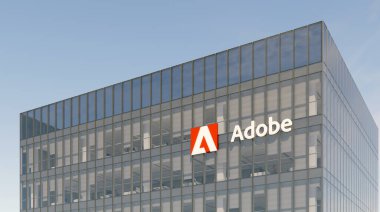 San Jose, CA, ABD. 17 Ekim 2021, Sadece Editoryal Kullanım, 3D CGI. Camdan Binanın tepesindeki Adobe İmza Logosu. Yüksek binadaki İşyeri Bilgisayar Yazılım Şirketi.