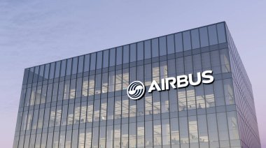 Leiden, Hollanda. 18 Ekim 2021. Sadece Editoryal Kullanım, 3D CGI. Airbus İmza Logosu Üst Cam Bina. Avrupa Çokuluslu Havacılık Şirketi Yüksek Katlı Ofis Binası 'nın işyeri.