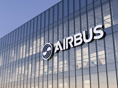 Leiden, Hollanda. 18 Ekim 2021. Sadece Editoryal Kullanım, 3D CGI. Airbus İmza Logosu Üst Cam Bina. Avrupa Çokuluslu Havacılık Şirketi Yüksek Katlı Ofis Binası 'nın işyeri.