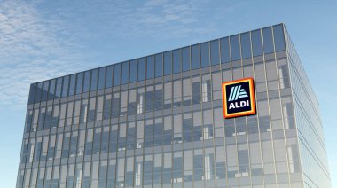 Essen, Almanya. 18 Ekim 2021. Sadece Editoryal Kullanım, 3D CGI. Aldi İmza Logosu Üst Cam Bina. Alman İndirimli Süpermarket Zinciri Şirketi Yüksek Katlı Ofis Binası 'nın işyeri.