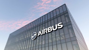 Leiden, Hollanda. 18 Ekim 2021. Sadece Editoryal Kullanım, 3D CGI. Airbus İmza Logosu Üst Cam Bina. Avrupa Çokuluslu Havacılık Şirketi Yüksek Katlı Ofis Binası 'nın işyeri.