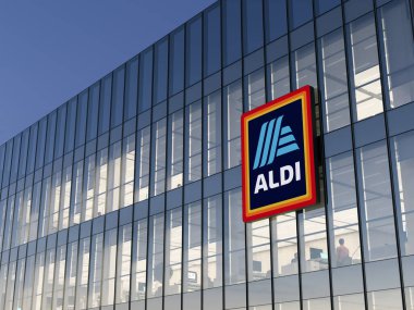 Essen, Almanya. 18 Ekim 2021. Sadece Editoryal Kullanım, 3D CGI. Aldi İmza Logosu Üst Cam Bina. Alman İndirimli Süpermarket Zinciri Şirketi Yüksek Katlı Ofis Binası 'nın işyeri.