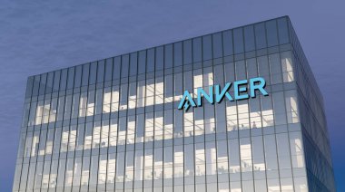 Changsha, Çin. 23 Ekim 2021. Sadece Editoryal Kullanım, 3D CGI. Anker İmza Logosu Cam Binanın tepesi. İşyeri Aygıt Şirketi Genel Merkezi.