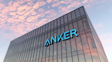 Changsha, Çin. 23 Ekim 2021. Sadece Editoryal Kullanım, 3D CGI. Anker İmza Logosu Cam Binanın tepesi. İşyeri Aygıt Şirketi Genel Merkezi.