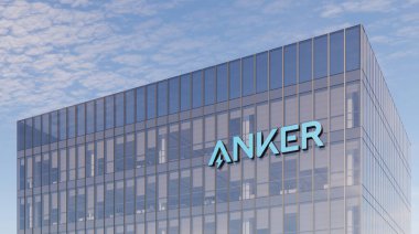 Changsha, Çin. 23 Ekim 2021. Sadece Editoryal Kullanım, 3D CGI. Anker İmza Logosu Cam Binanın tepesi. İşyeri Aygıt Şirketi Genel Merkezi.
