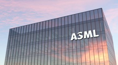 Veldhoven, Hollanda. 24 Ekim 2021. Sadece Editoryal Kullanım, 3D CGI. ASML İmza Logosu Cam Binanın Üstü. İşyeri Gelişmiş Yarı iletken Materyal Fotoğrafçılık Şirketi Genel Merkezi.