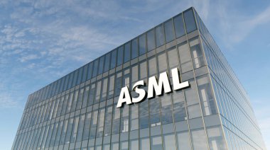Veldhoven, Hollanda. 24 Ekim 2021. Sadece Editoryal Kullanım, 3D CGI. ASML İmza Logosu Cam Binanın Üstü. İşyeri Gelişmiş Yarı iletken Materyal Fotoğrafçılık Şirketi Genel Merkezi.