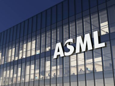 Veldhoven, Hollanda. 24 Ekim 2021. Sadece Editoryal Kullanım, 3D CGI. ASML İmza Logosu Cam Binanın Üstü. İşyeri Gelişmiş Yarı iletken Materyal Fotoğrafçılık Şirketi Genel Merkezi.