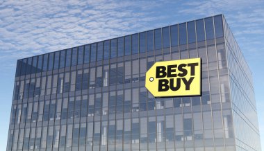 Richfield, MN, ABD. 31 Ekim 2021, Sadece Editoryal Kullanım, 3D CGI. En İyi Satın Alma Logosu Cam Bina 'nın tepesinde. İş yeri E-Ticaret Perakende Tüketici Elektronik Şirket Merkezi.