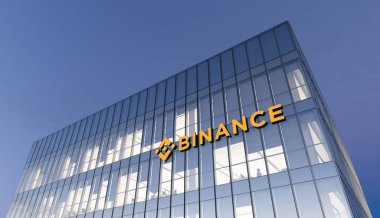 Cayman Adaları, Mahe, Seyşeller. 31 Ekim 2021, Sadece Editoryal Kullanım, 3D CGI. Binance İmza Logosu, Cam Binanın tepesinde. İşyeri Kripto Döviz Kurumu Ticaret Bürosu Merkezi.