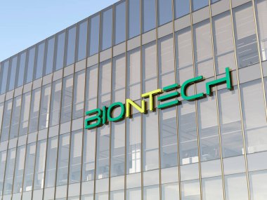 Mainz, Almanya. 31 Ekim 2021, Sadece Editoryal Kullanım, 3D CGI. Cam Binanın tepesindeki Biontech İmza Logosu. Yüksek binadaki Bioteknoloji Şirketinin İş Yeri.