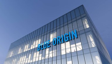 Kent, Washington, Birleşik Devletler. Kasım 2021, Editoryal Kullanım Sadece, 3D CGI. Cam Ofis Binası 'ndaki Mavi Köken İmza Logosu. Gündüz vakti yüksek binalardaki işyeri.