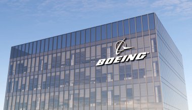 Chicago, Illinois, ABD. 6 Kasım 2021. Sadece Editoryal Kullanım, 3D CGI. Boeing İmza Logosu Üst Cam Bina. Amerikan Çokuluslu Havacılık Şirketi Ofis Binası 'nın işyeri.