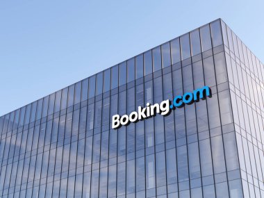 Amsterdam, Hollanda. 6 Kasım 2021, Sadece Editör Kullanımı, 3 boyutlu CGI. Holding Holding Amblem Üst Cam Binası 'nda rezervasyon. Ofis Binası 'ndaki İş Yeri Çevrimiçi Pazar Ev Kalıbı Kiralama Hizmeti Şirketi.