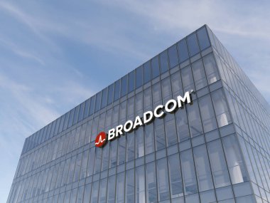 San Jose, CA, ABD. 7 Kasım 2021. Sadece Editoryal Kullanım, 3D CGI. Broadcom İmza Logosu Cam Ofis Binası. İş yeri yarı iletken Amerikan Geliştirici Üretici Şirketi Genel Merkezi.