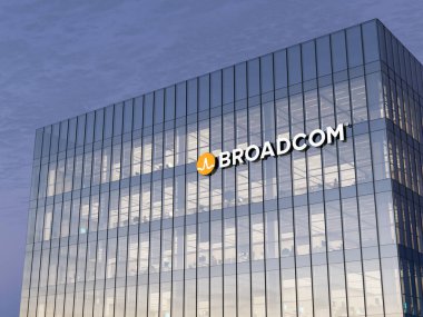 San Jose, CA, ABD. 7 Kasım 2021. Sadece Editoryal Kullanım, 3D CGI. Broadcom İmza Logosu Cam Ofis Binası. İş yeri yarı iletken Amerikan Geliştirici Üretici Şirketi Genel Merkezi.