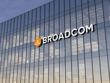 San Jose, CA, ABD. 7 Kasım 2021. Sadece Editoryal Kullanım, 3D CGI. Broadcom İmza Logosu Cam Ofis Binası. İş yeri yarı iletken Amerikan Geliştirici Üretici Şirketi Genel Merkezi.