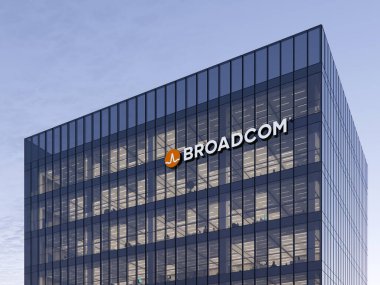 San Jose, CA, ABD. 7 Kasım 2021. Sadece Editoryal Kullanım, 3D CGI. Broadcom İmza Logosu Cam Ofis Binası. İş yeri yarı iletken Amerikan Geliştirici Üretici Şirketi Genel Merkezi.