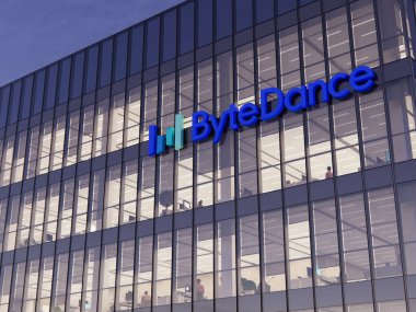 Pekin, Çin. 5 Kasım 2021. Sadece Editoryal Kullanım, 3D CGI. ByteDance Holding Logosu Cam Binanın tepesinde. İşyeri İnternet Şirket Merkezi.