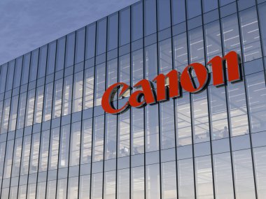 Ota City, Tokyo, Japan. November 8, 2021. Editorial Use Only, 3D CGI. Canon Corporation Holding Signage Logo on Top of Glass Building. Workplace of Technological Company Office Headquarters.