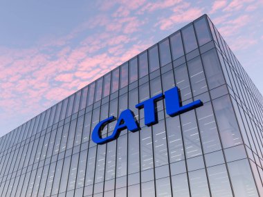 Ningde, Çin. 8 Temmuz 2021. Sadece Editoryal Kullanım, 3D CGI. CATL Holding İşaret Logosu Cam Binası. Çağdaş Amperex Teknoloji Enerji Depolama Şirketi Ofisi 'nin İş Yeri.