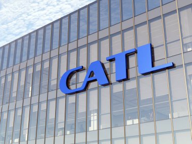 Ningde, Çin. 8 Temmuz 2021. Sadece Editoryal Kullanım, 3D CGI. CATL Holding İşaret Logosu Cam Binası. Çağdaş Amperex Teknoloji Enerji Depolama Şirketi Ofisi 'nin İş Yeri.