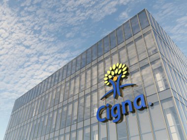 Bloomfield, ABD. 5 Aralık 2021, Sadece Editör Kullanımı, 3 boyutlu CGI. Cigna Amerikan Çokuluslu Sağlık Sigortası Şirketi İmza Logosu Üst Cam Bina. İşyeri Yüksek Büro Merkezi.
