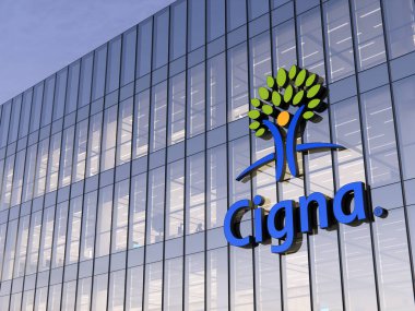 Bloomfield, ABD. 5 Aralık 2021, Sadece Editör Kullanımı, 3 boyutlu CGI. Cigna Amerikan Çokuluslu Sağlık Sigortası Şirketi İmza Logosu Üst Cam Bina. İşyeri Yüksek Büro Merkezi.