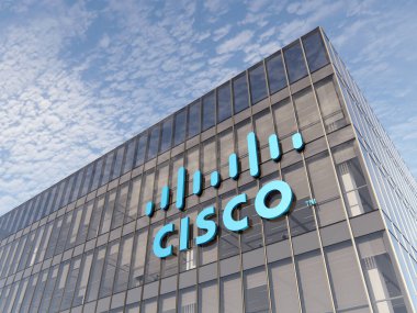 San Jose, CA, ABD. 7 Aralık 2021. Sadece Editoryal Kullanım, 3D CGI. Cisco İmza Logosu Cam Ofis Binası. İşyeri Ağı Kartpostal Şirketi Amerikan Geliştirici Üretici Merkezi.