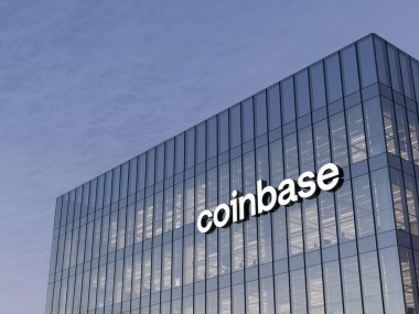 New York, Birleşik Devletler. 21 Kasım 2021, Sadece Editoryal Kullanım, 3D CGI. Glass Binası 'nın tepesindeki bozuk para üssü logosu. İşyeri Kripto Döviz Kurumu Ticaret Bürosu Merkezi.
