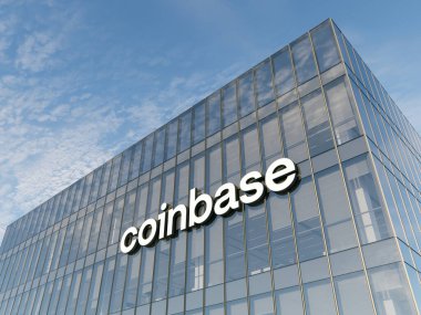 New York, Birleşik Devletler. 21 Kasım 2021, Sadece Editoryal Kullanım, 3D CGI. Glass Binası 'nın tepesindeki bozuk para üssü logosu. İşyeri Kripto Döviz Kurumu Ticaret Bürosu Merkezi.