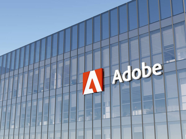 San Jose, CA, USA. October 17, 2021, Editorial Use Only, 3D CGI. Adobe Signage Logo on Top of Glass Building. Workplace Computer Software Company in High-rise Office Headquarters.