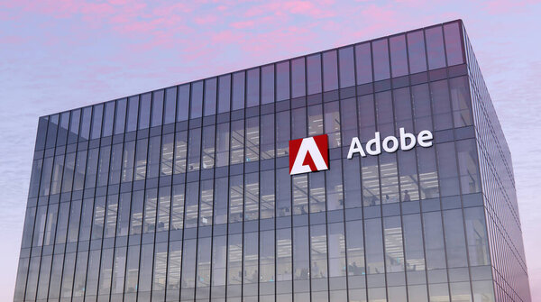 San Jose, CA, USA. October 17, 2021, Editorial Use Only, 3D CGI. Adobe Signage Logo on Top of Glass Building. Workplace Computer Software Company in High-rise Office Headquarters.