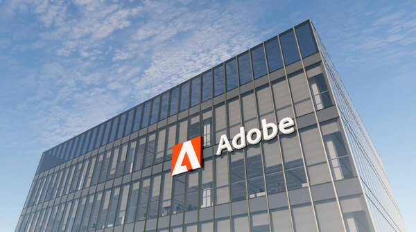 San Jose, CA, USA. October 17, 2021, Editorial Use Only, 3D CGI. Adobe Signage Logo on Top of Glass Building. Workplace Computer Software Company in High-rise Office Headquarters.
