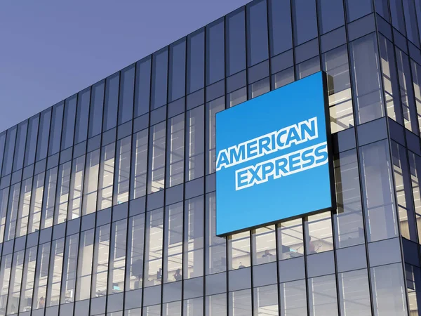 ニューヨーク ニューヨーク アメリカ 2021年10月14日 編集のみ Cgiを使用します American Express Signageのロゴガラスの建物の上 多国籍金融サービス株式会社本社 — ストック写真
