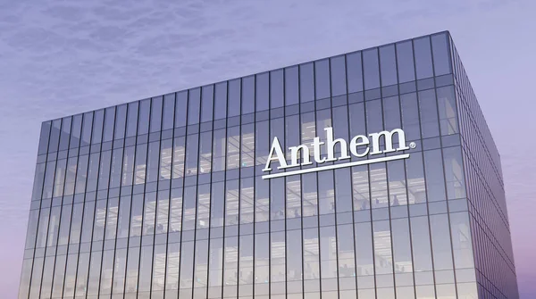 アメリカのインディアナポリス 2021年10月24日 編集のみ Cgiを使用します Anthem サイネージロゴガラスの建物の上部 職場保険金融サービス株式会社本社 — ストック写真