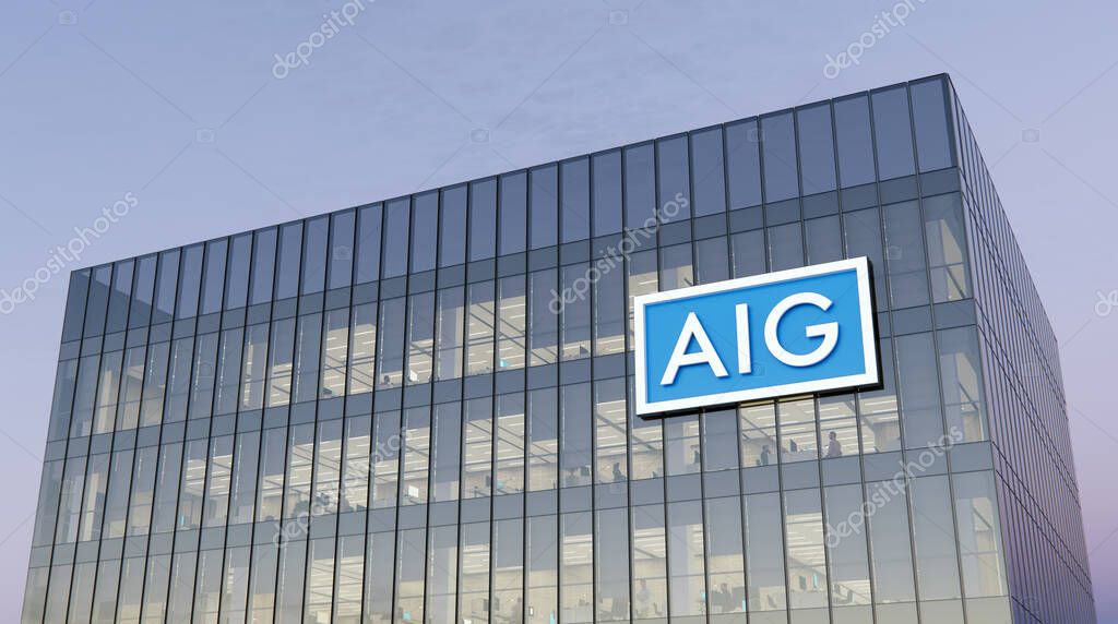 New York, NY, USA. October 18, 2021, Editorial Use Only, 3D CGI. AIG - American International Group. Finance and Insurance Company. Workplace in High-rise Office Headquarter. Signage Glass Building.