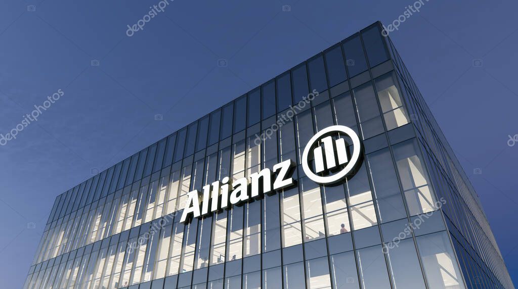 Munich, Germany. October 18, 2021, Editorial Use Only, 3D CGI. Allianz SE - German Multifunctional Financial Services Company. Workplace in High-rise Office Headquarter. Signage Glass Building.