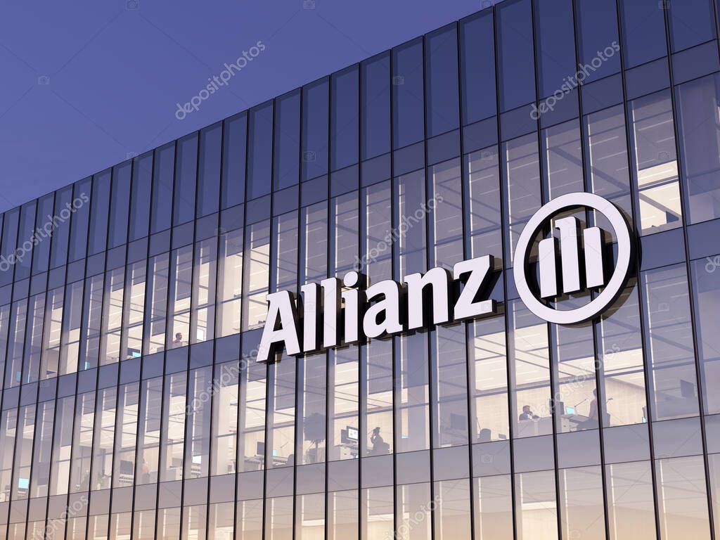 Munich, Germany. October 18, 2021, Editorial Use Only, 3D CGI. Allianz SE - German Multifunctional Financial Services Company. Workplace in High-rise Office Headquarter. Signage Glass Building.
