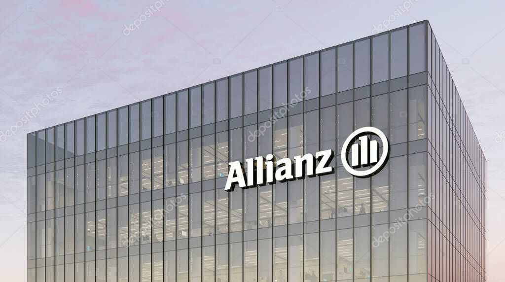 Munich, Germany. October 18, 2021, Editorial Use Only, 3D CGI. Allianz SE - German Multifunctional Financial Services Company. Workplace in High-rise Office Headquarter. Signage Glass Building.