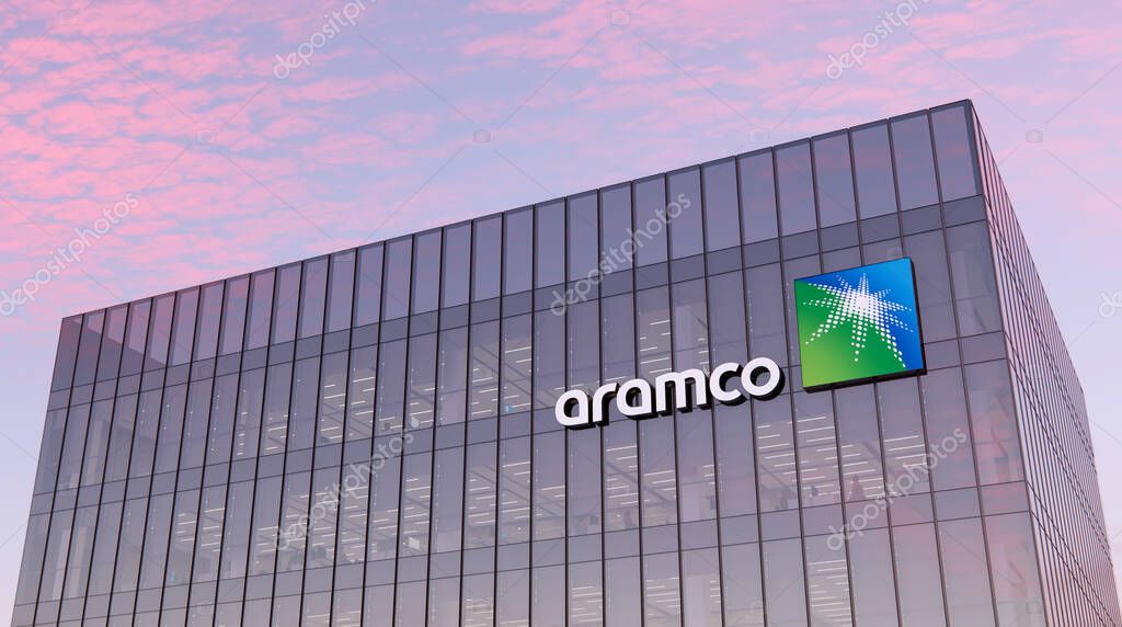 Dhahran, Saudi Arabia. October 14, 2021. Editorial Use Only, 3D CGI. Aramco Signage Logo on Top of Glass Building. Workplace of Gas and Oil Company in High-rise Office Headquarter.