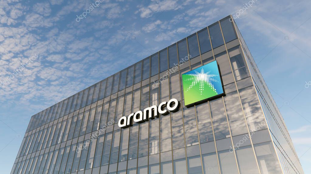 Dhahran, Saudi Arabia. October 14, 2021. Editorial Use Only, 3D CGI. Aramco Signage Logo on Top of Glass Building. Workplace of Gas and Oil Company in High-rise Office Headquarter.