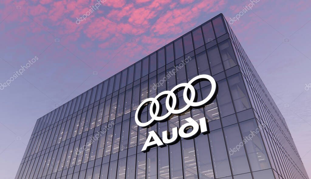 Ingolstadt, Germany. October 14, 2021. Editorial Use Only, 3D CGI. Audi Automaker Corporation Motors Signage Logo on Top of Glass Building. Workplace Car Company Office Headquarters.