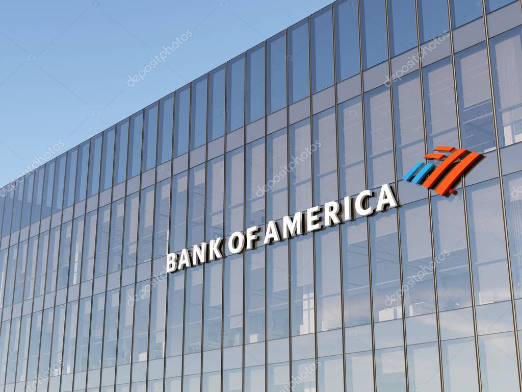Charlotte, NC, USA. October 31, 2021. Editorial Use Only, 3D CGI. Bank of America Signage Logo on Top of Glass Building. Workplace Financial Service Banking Company in High-rise Office Headquarters.