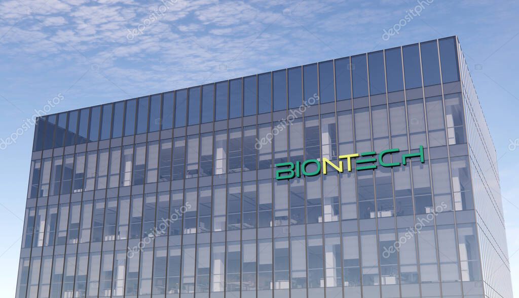 Mainz, Germany. October 31, 2021, Editorial Use Only, 3D CGI. Biontech Signage Logo on Top of Glass Building. Biotechnology Company Workplace in High-rise Office Headquarters.